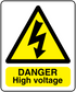 Warning sticker: yellow triangle with black lightning, "DANGER High voltage" text