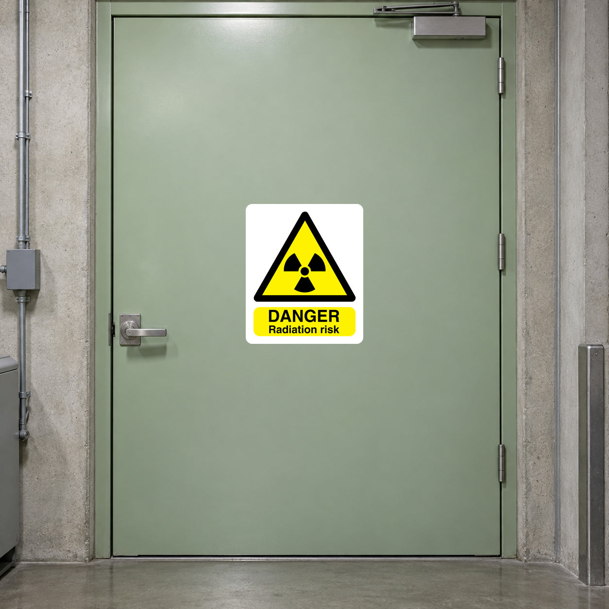 Danger radiation risk sticker with yellow warning symbol and DANGER Radiation risk text