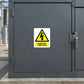 Danger 11,000 volts warning sticker with yellow triangle and bold text