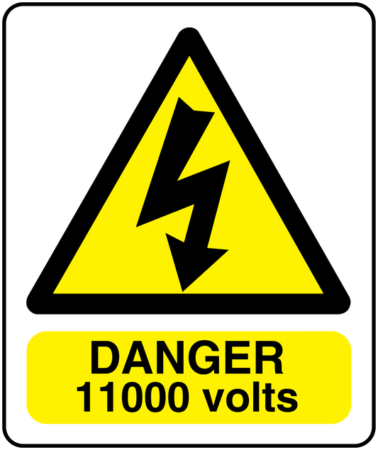 Danger 11000 volts warning sticker with yellow triangle and black lightning icon