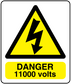 Danger 11000 volts warning sticker with yellow triangle and black lightning icon
