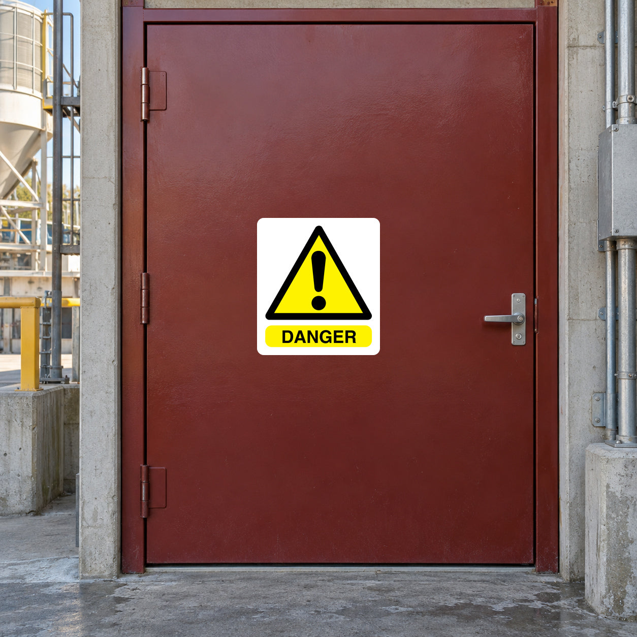 Yellow warning triangle sticker with black exclamation and green "DANGER" text
