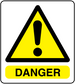 Danger warning sticker: yellow triangle with exclamation mark and 'DANGER' text
