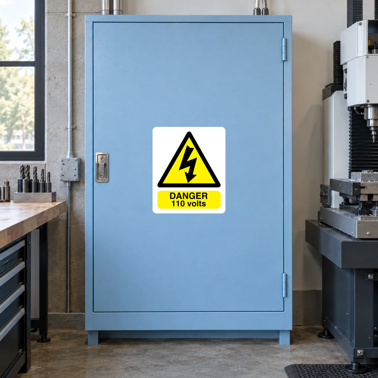 Danger 110 volts warning sticker with yellow triangle and exclamation mark.