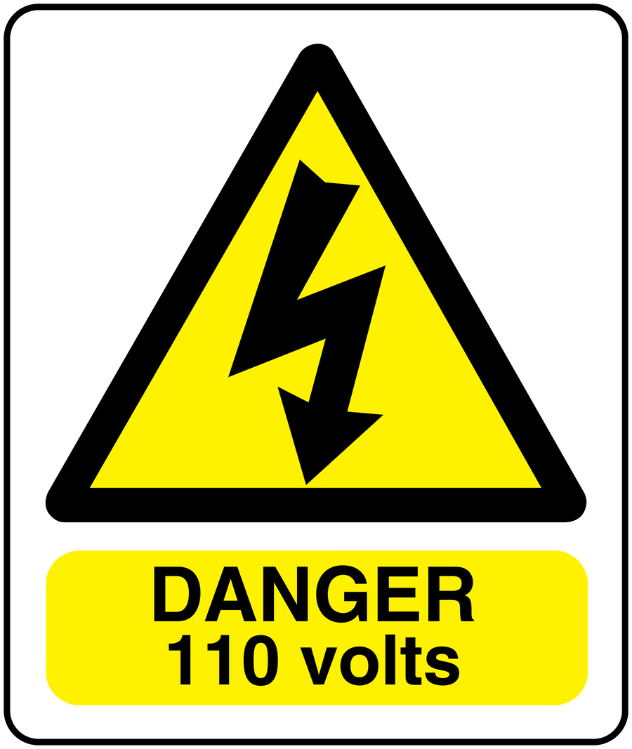 Danger 110 Volts warning sticker with yellow triangle and black lightning bolt