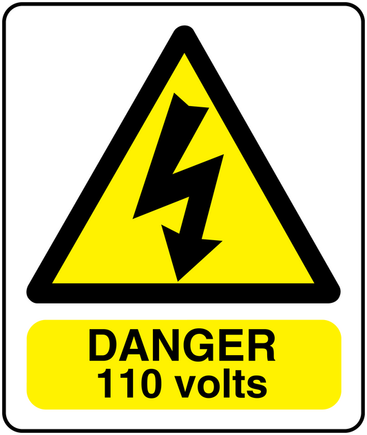 Danger 110 Volts warning sticker with yellow triangle and black lightning bolt