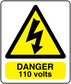 Danger 110 Volts warning sticker with yellow triangle and black lightning bolt