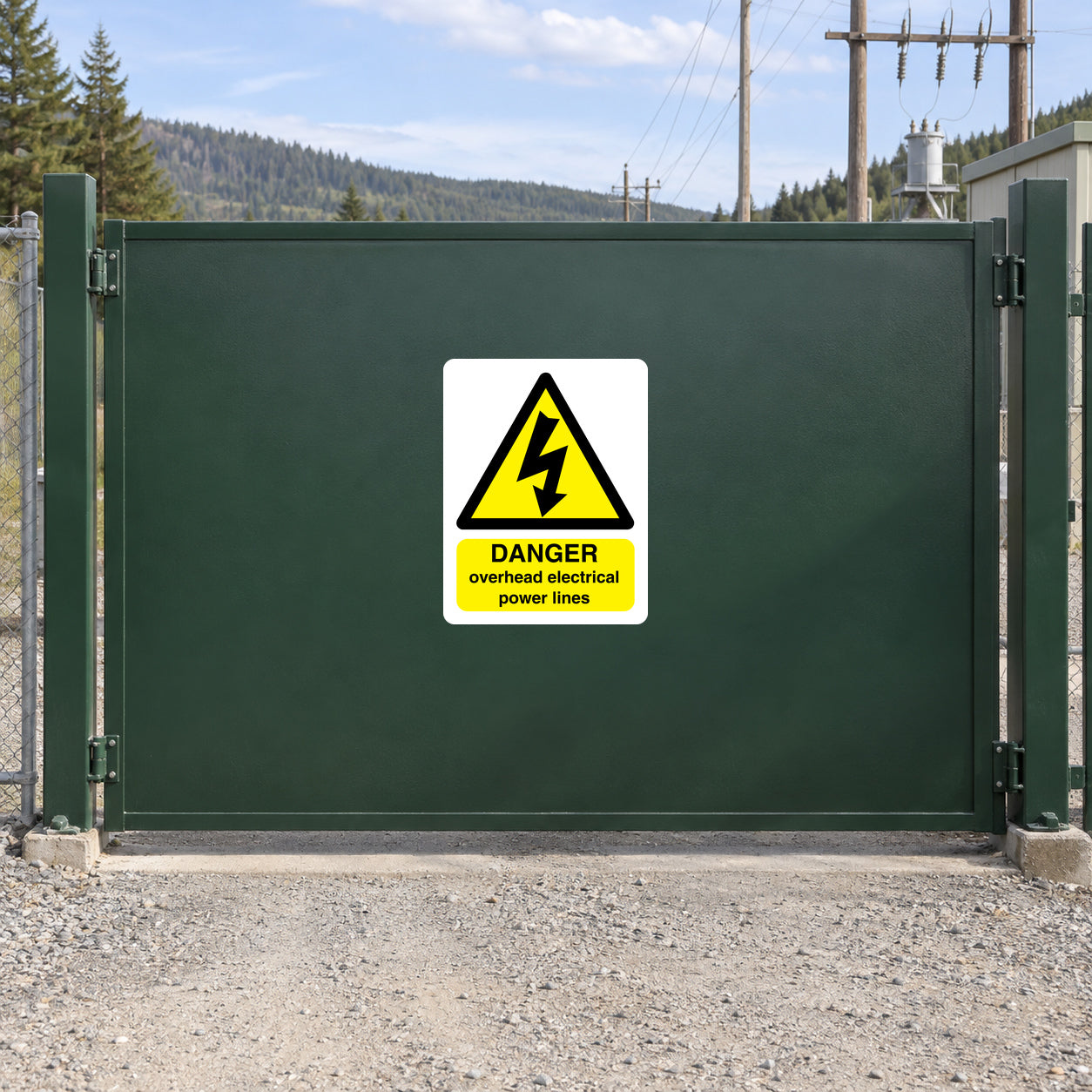 Danger overhead electrical power lines sticker with yellow lightning triangle and text