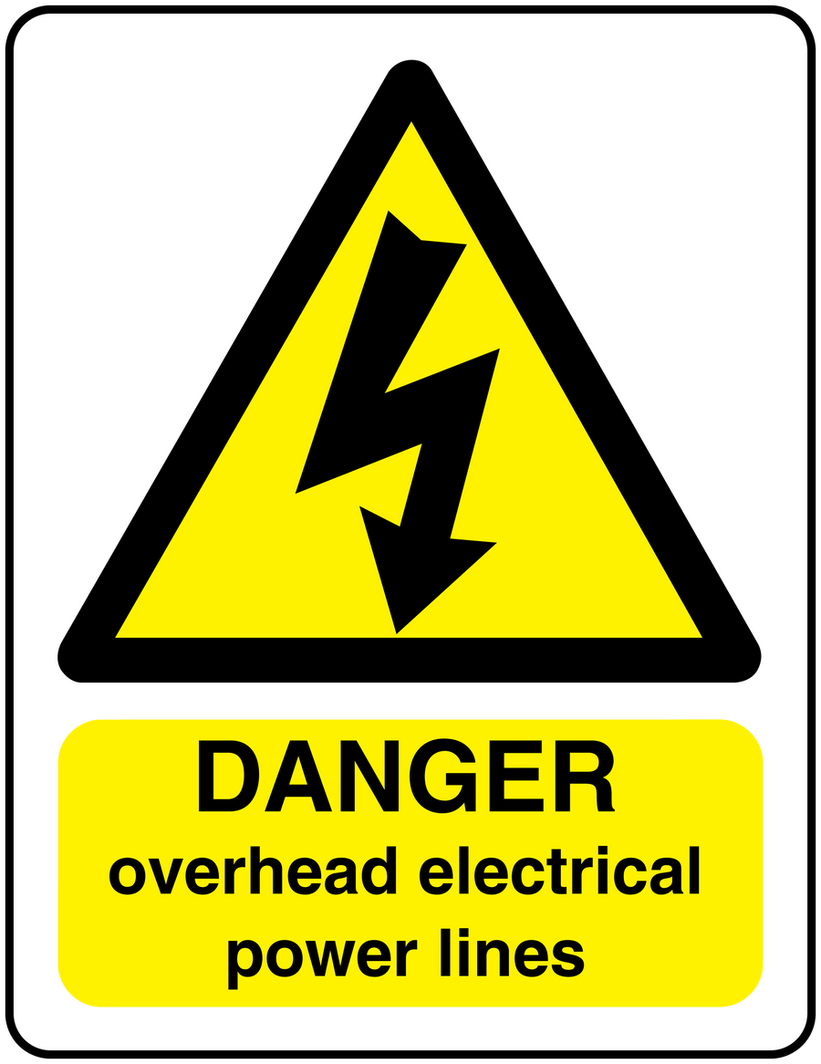 Warning sticker: yellow triangle lightning with DANGER overhead electrical power lines