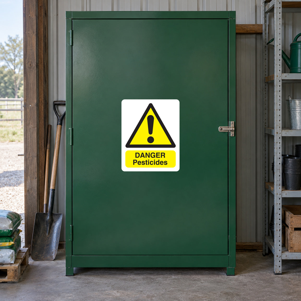 Hazard warning sticker with yellow triangle and "DANGER Pesticides" text
