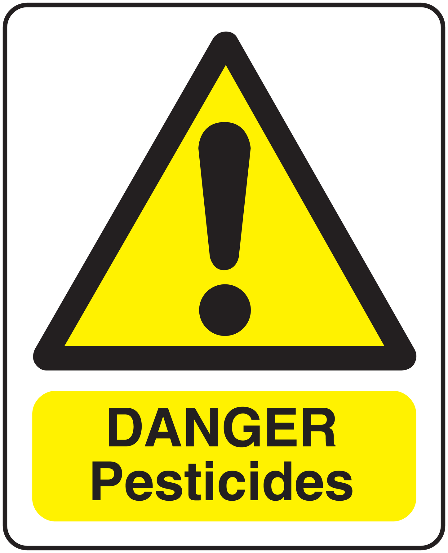 Danger pesticides warning sticker with yellow triangle and black exclamation icon