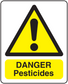 Danger pesticides warning sticker with yellow triangle and black exclamation icon
