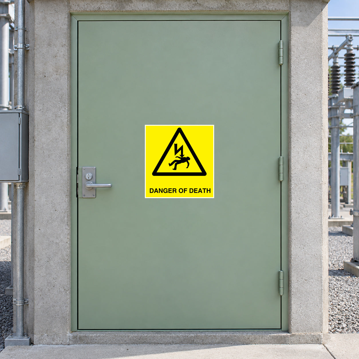 Square hazard sticker with black warning symbol and text 'DANGER OF DEATH'