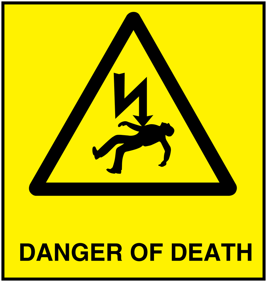 Yellow square warning sticker with black triangle and "DANGER OF DEATH" text