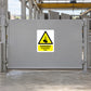 Danger suspended load warning sticker, white square with yellow hazard triangle and text