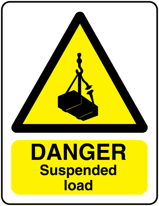 Danger suspended load safety sticker with yellow triangle and black hanging load icon