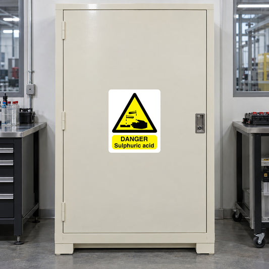 Danger sulphuric acid warning sticker with black hazard triangle and 'DANGER' text