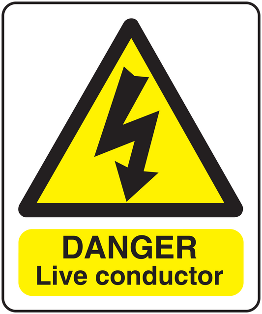 Danger live conductor sticker with yellow hazard triangle and lightning, text DANGER Live conductor