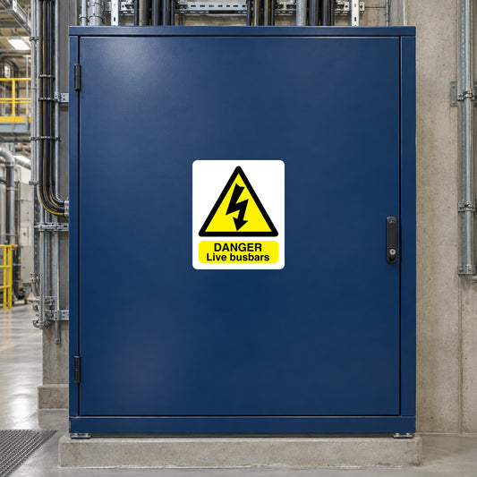Danger live busbars warning sticker with yellow triangle and lightning, “DANGER Live busbars”
