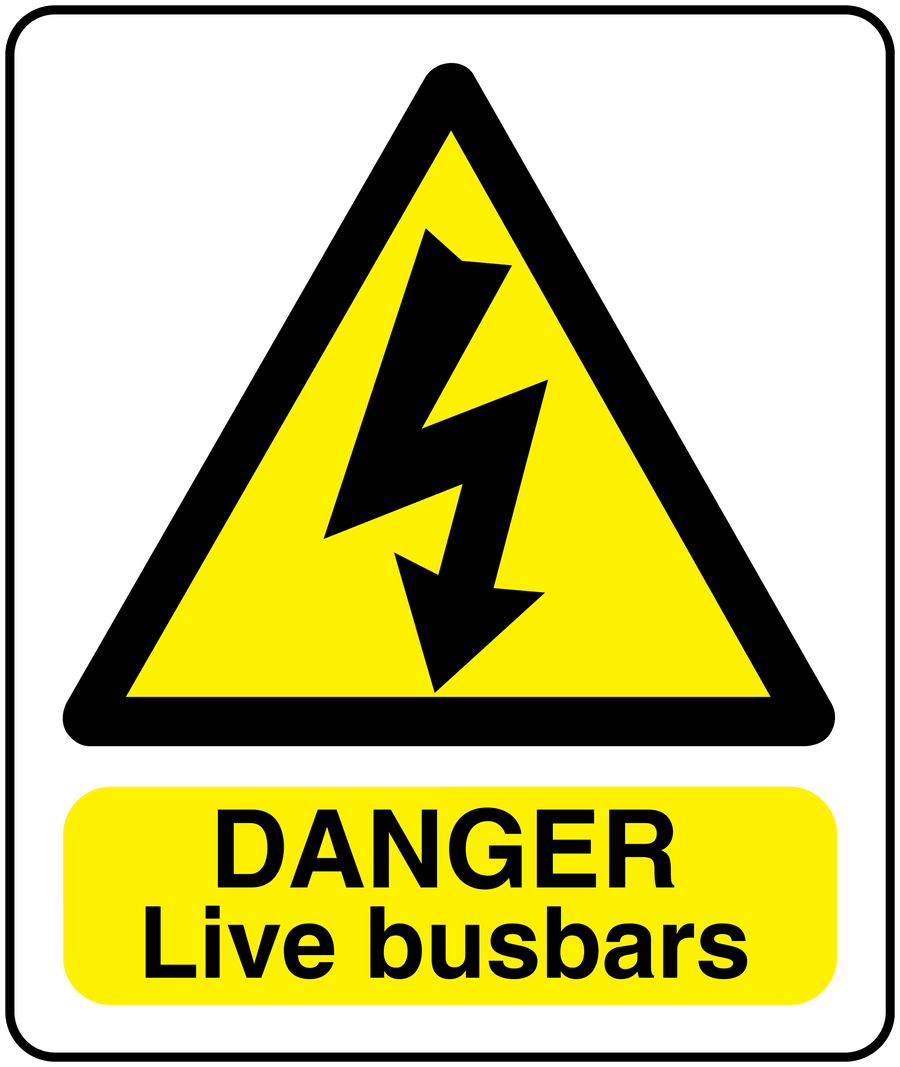 Danger live busbars warning sticker with yellow triangle, lightning bolt, and black text 'DANGER'