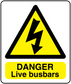 Danger live busbars warning sticker with yellow triangle, lightning bolt, and black text 'DANGER'