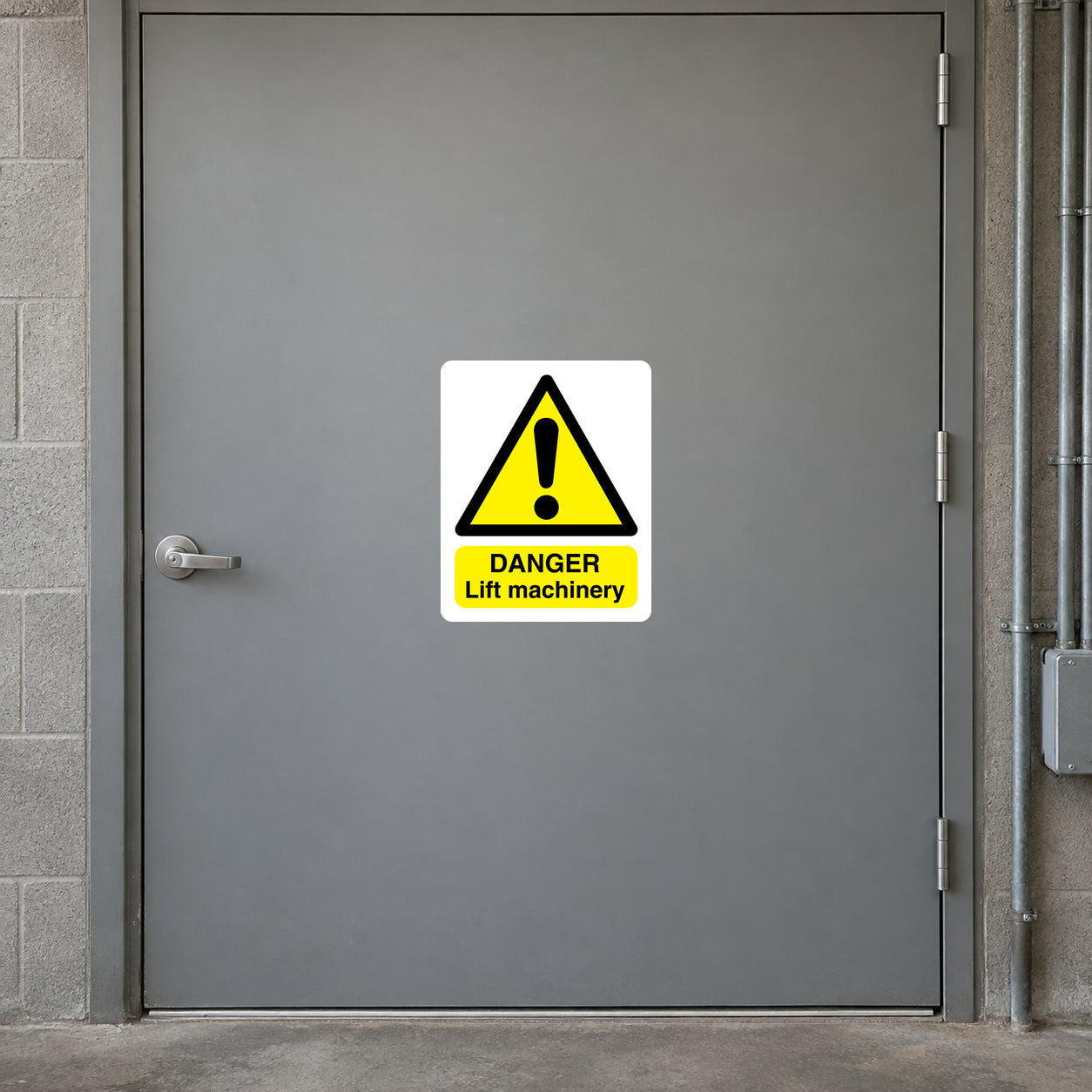 Danger lift machinery warning sticker with yellow triangle and exclamation mark