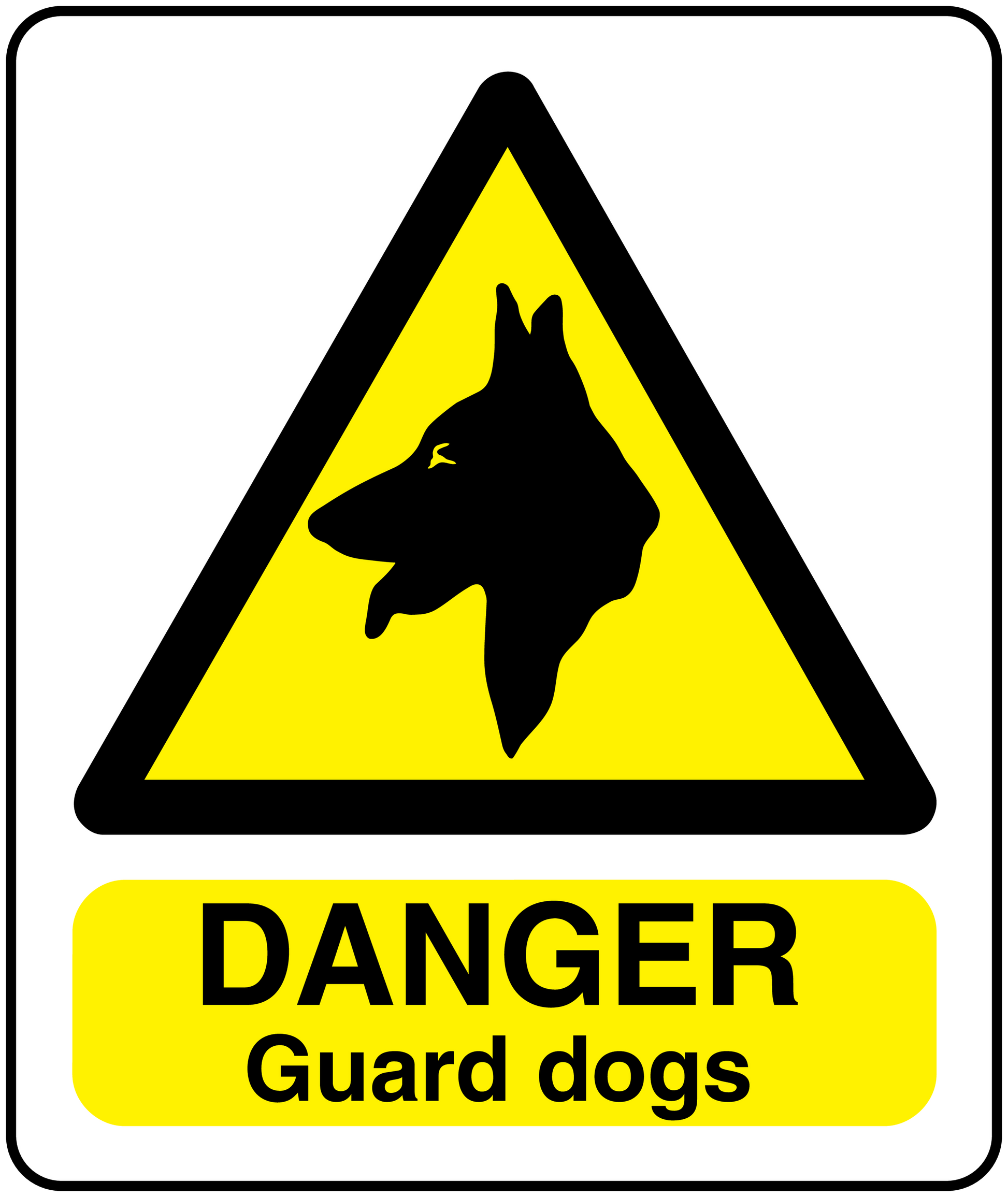 Danger Guard dogs sticker: yellow warning triangle with black dog silhouette