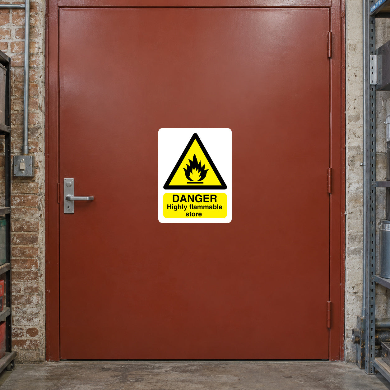 Rectangle danger sticker: yellow flame warning triangle, 'DANGER Highly flammable store'