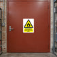 Rectangle danger sticker: yellow flame warning triangle, 'DANGER Highly flammable store'