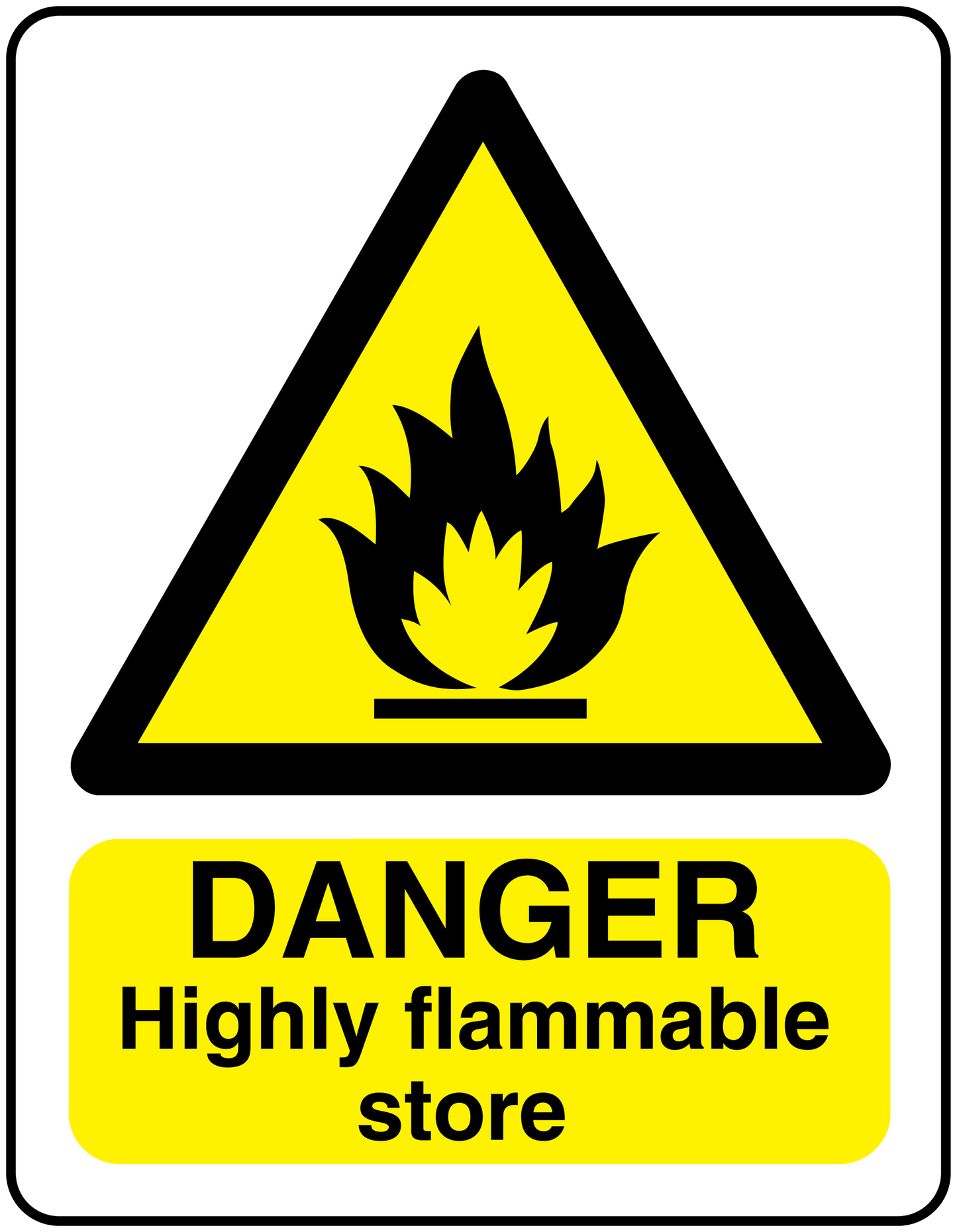 Safety warning rectangle sticker with flame triangle and 'DANGER Highly flammable store' text