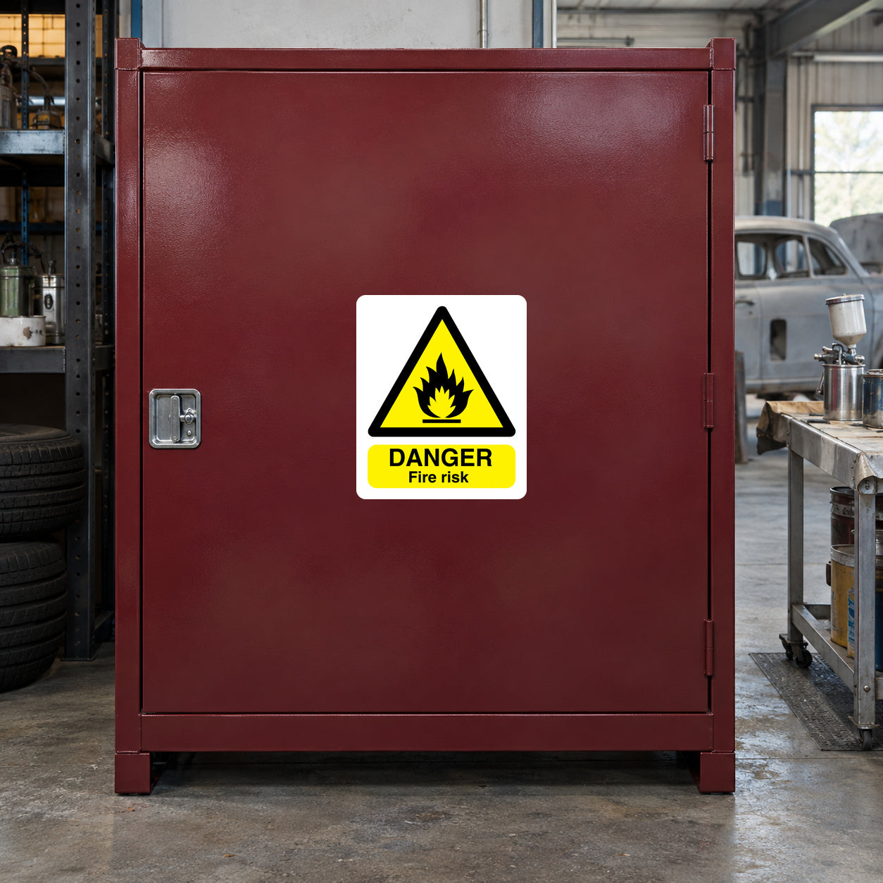 Danger fire risk warning sticker with yellow hazard symbol and red FIRE RISK label