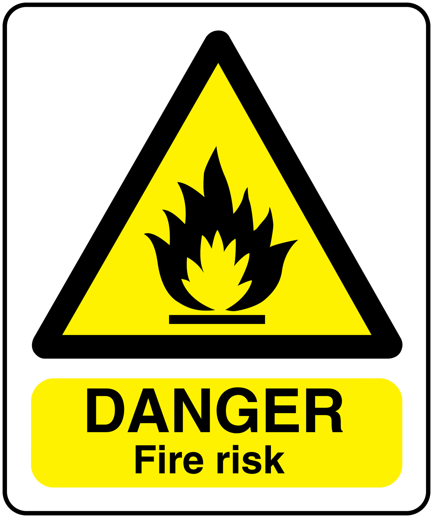 Fire risk warning sticker with yellow triangle and flame, text DANGER Fire risk