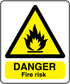 Fire risk warning sticker with yellow triangle and flame, text DANGER Fire risk