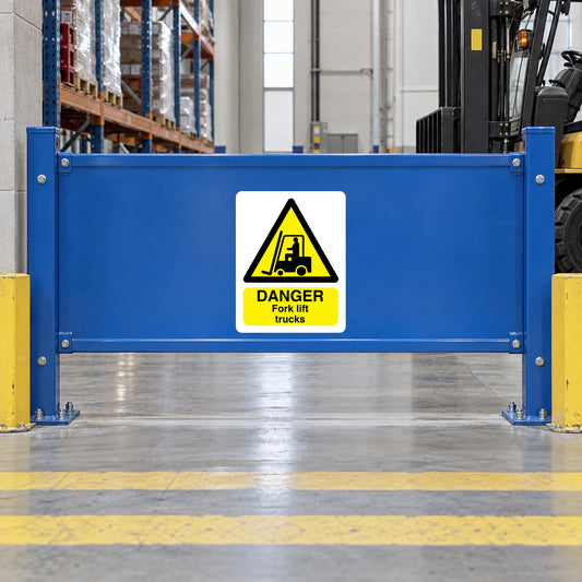 Danger forklift trucks warning sticker on blue forklift guard, yellow hazard triangle icon.
