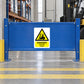 Danger forklift trucks warning sticker on blue forklift guard, yellow hazard triangle icon.