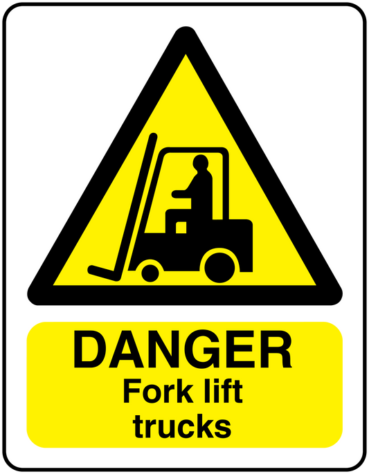 Danger fork lift trucks warning sticker with yellow hazard triangle and danger text