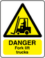 Danger fork lift trucks warning sticker with yellow hazard triangle and danger text