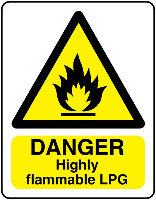 Yellow rectangle danger sticker with flame triangle and 'DANGER Highly flammable LPG'.