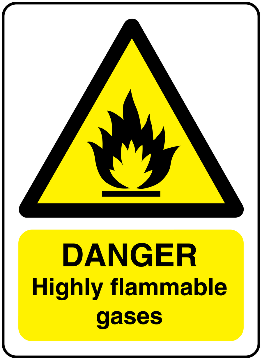 Warning sticker with yellow flame triangle and text “DANGER Highly flammable gases”