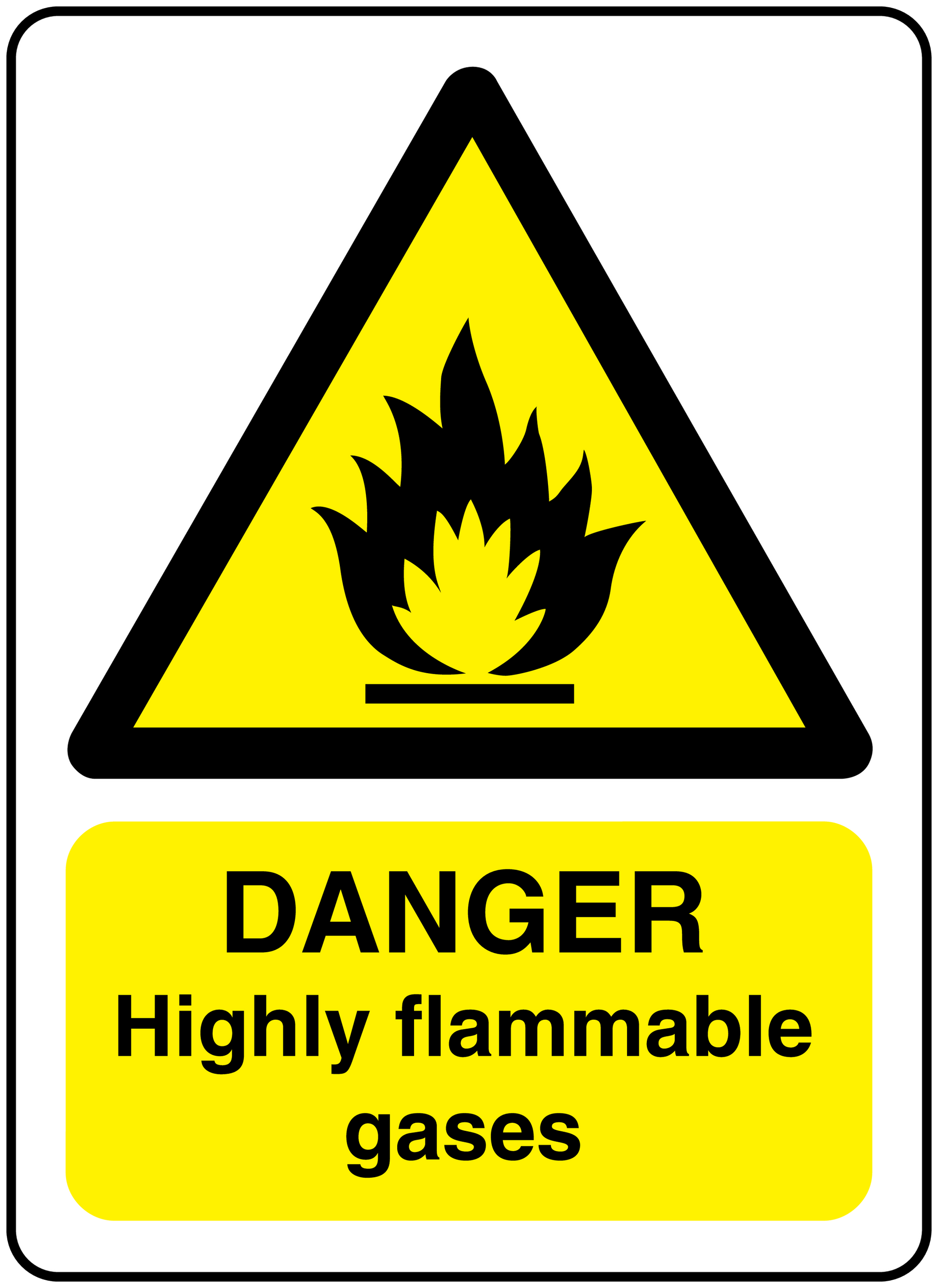 Warning sticker with yellow flame triangle and text “DANGER Highly flammable gases”