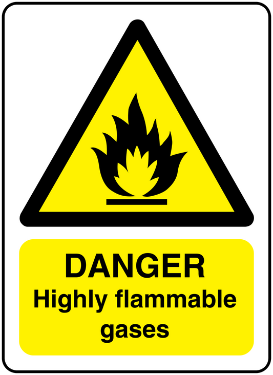 Warning sticker with yellow flame triangle and text “DANGER Highly flammable gases”