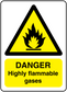 Warning sticker with yellow flame triangle and text “DANGER Highly flammable gases”