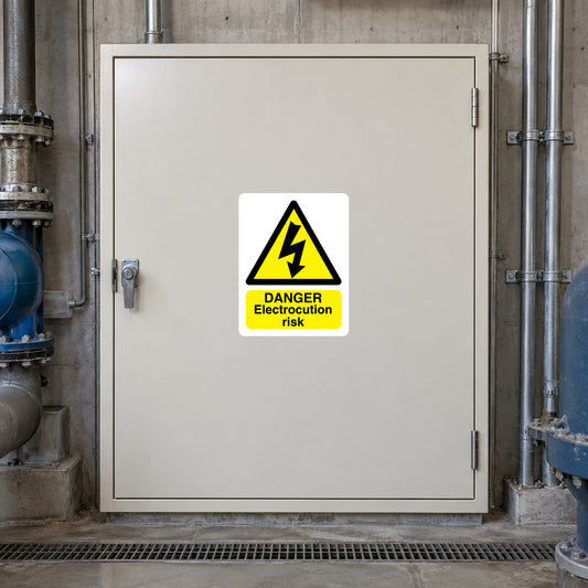 White warning sticker with yellow hazard triangle and electrocution risk text