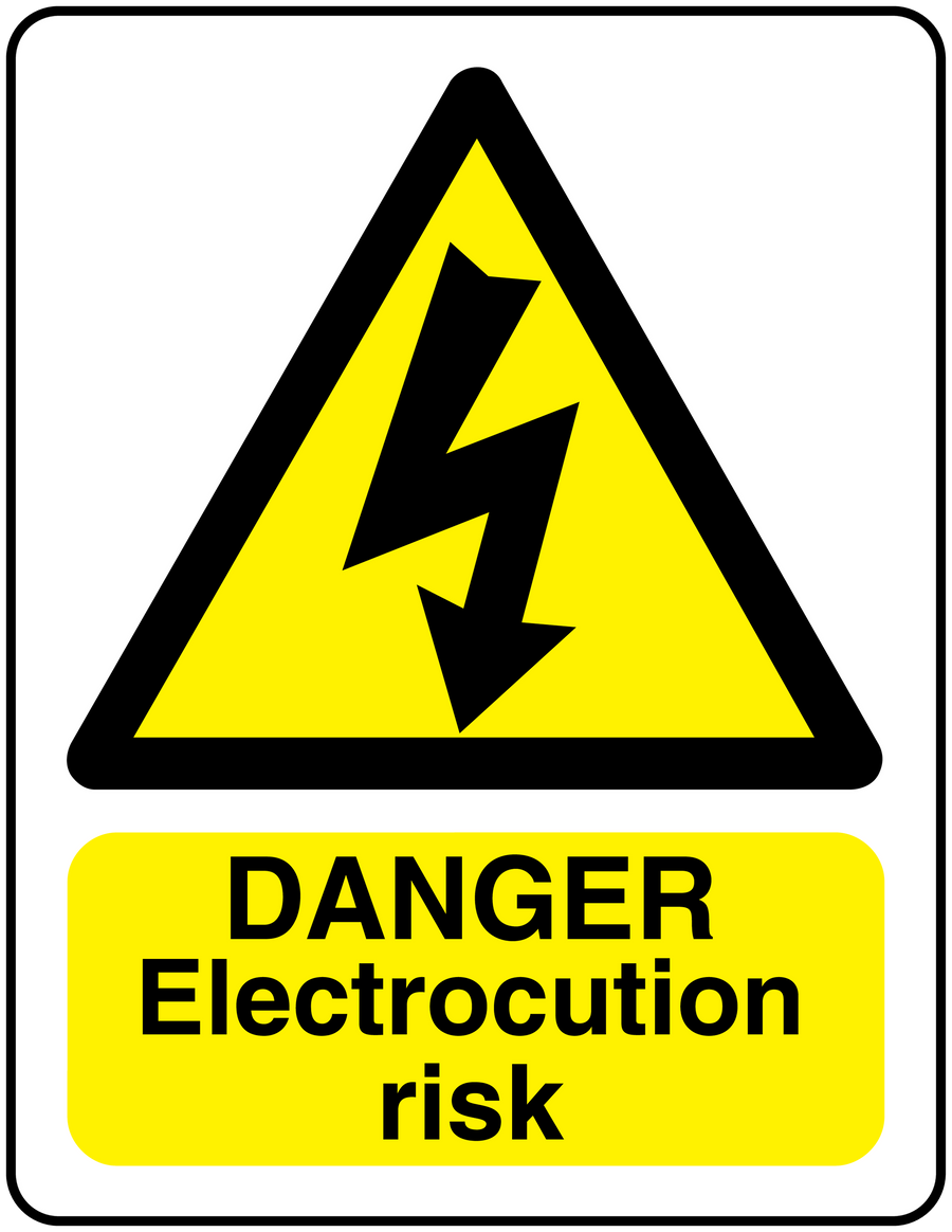 White sticker: yellow hazard triangle with lightning and 'DANGER Electrocution risk'.