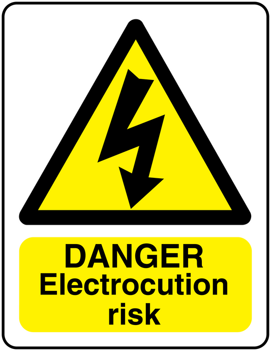 White sticker: yellow hazard triangle with lightning and 'DANGER Electrocution risk'.