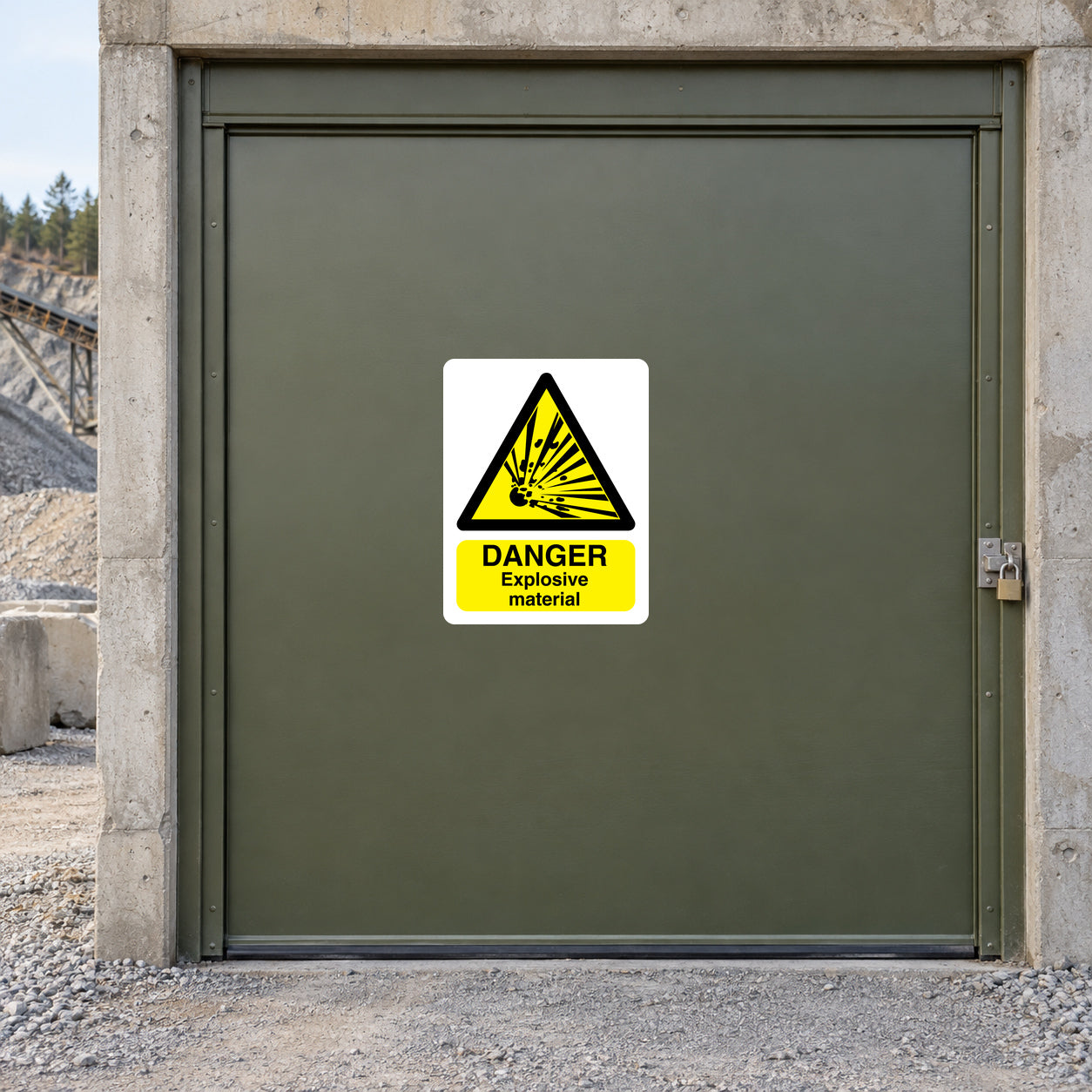 Danger explosive material warning sticker with yellow hazard triangle and 'DANGER' text