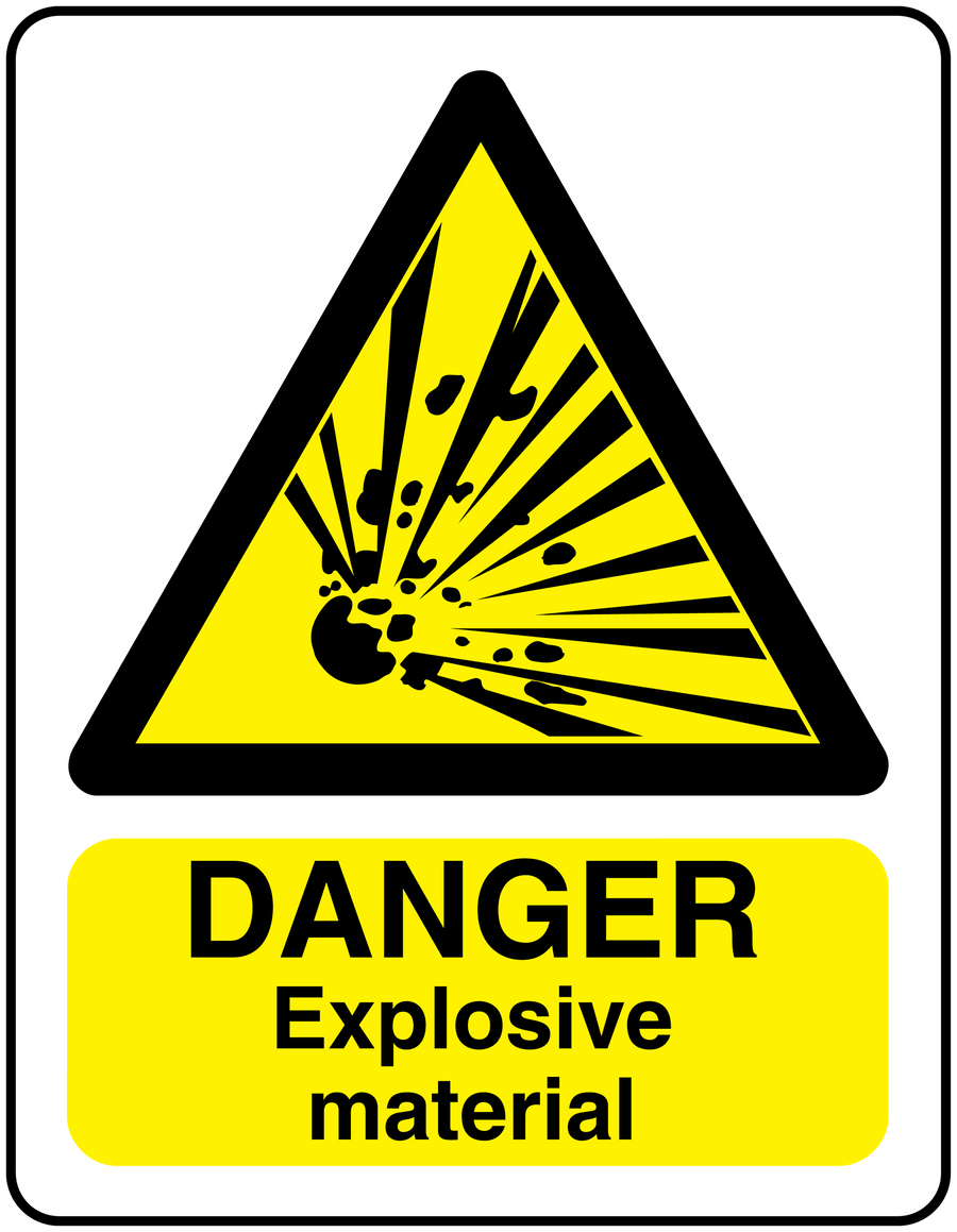 Danger explosive material warning sticker with yellow triangle and DANGER Explosive material
