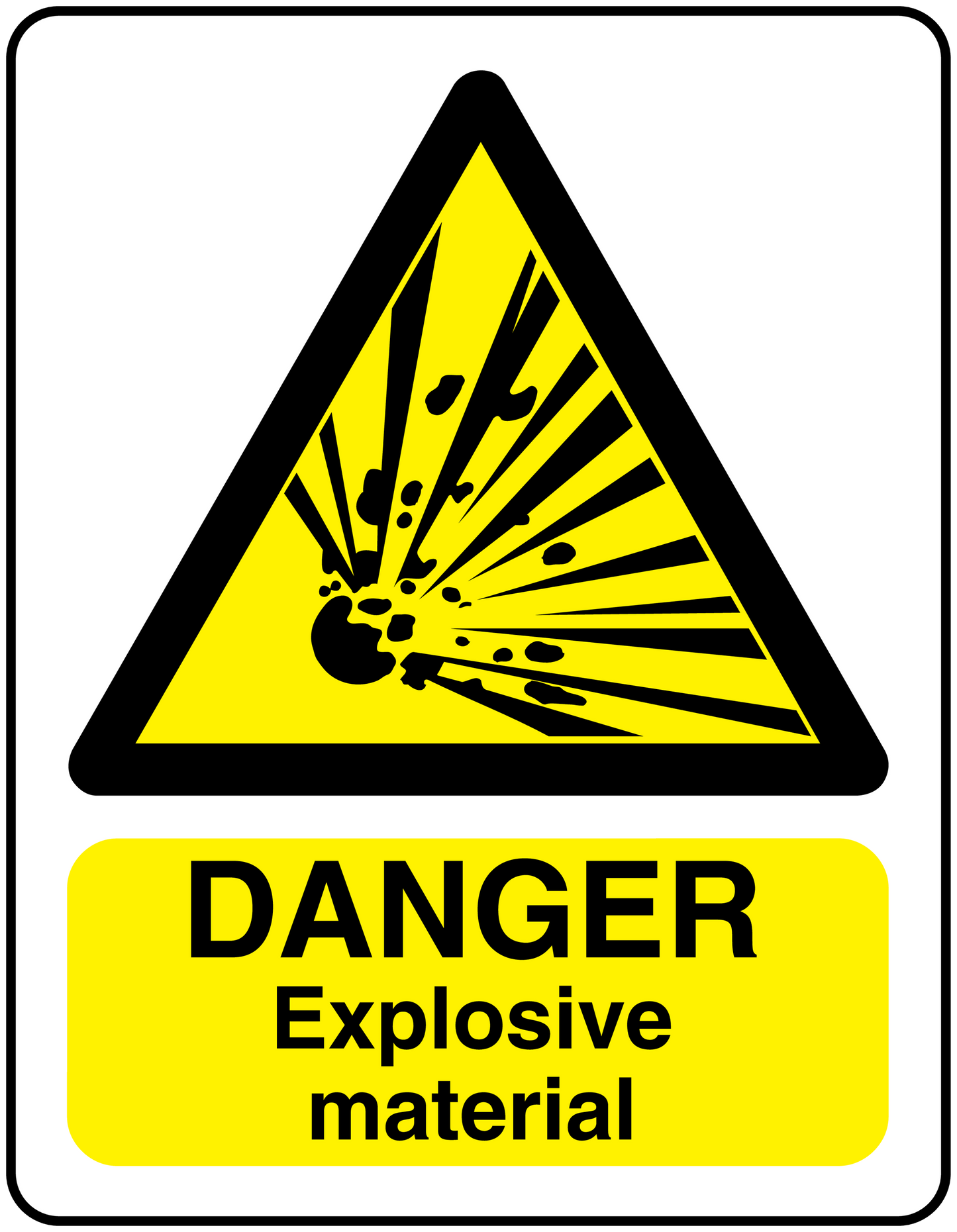 Danger explosive material warning sticker with yellow triangle and DANGER Explosive material