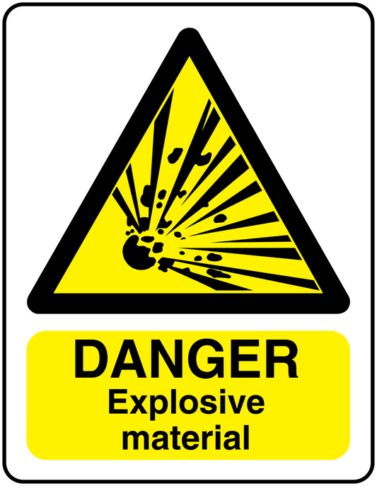 Danger explosive material warning sticker with yellow triangle and DANGER Explosive material