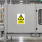Danger Automatic Machinery Sticker applied in Broad smooth light-gray guarded automatic conveyor enclosure panel in a fulfillment center, central face clear, controls and closed inspection window only far sides.